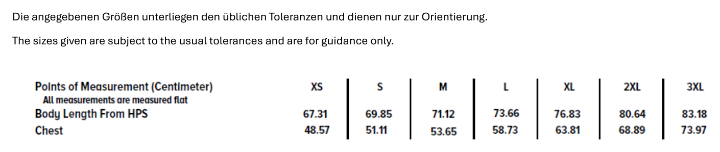 Größentabelle Unisex Shirt Normal – Maße in Zentimetern